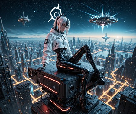 masterpiece, best quality, good quality, very aesthetic, absurdres, newest, 8K, film grain, photorealistic, scenery, neon glow, (floating island, starry sky:0.9), angular, sleek, futuristic, science fiction, cyberpunk, aidmaFLuxPro1.1, aidmaImageUpgrader BREAK young 1girl, [(kayoko_\(blue_archive\):0.99):(kayoko_\(blue_archive\):0.6):0.5], cyborg, robot girl, mechanical body, open cropped jacket, white jacket, parted lips, (light smile:0.7), white halo, head tilt, dynamic pose, sitting on platform, streaked hair, white hair, black ponytail, (horns:0.9), hair between eyes, red eyes, white pupils, glamour <lora:aidmaFLuxPro1.1-IL-v0.3:0.3> <lora:- iLL - the_edgy_mech_V3.0:0.4> <lora:aidmaImageUpgrader-v0.3-IL:0.3> <lora:aidmaMJ6.1_v0.5_IL:0.2> <lora:Mechanism-Illustious:0.3> <lora:RealisticIL-000001:0.1>