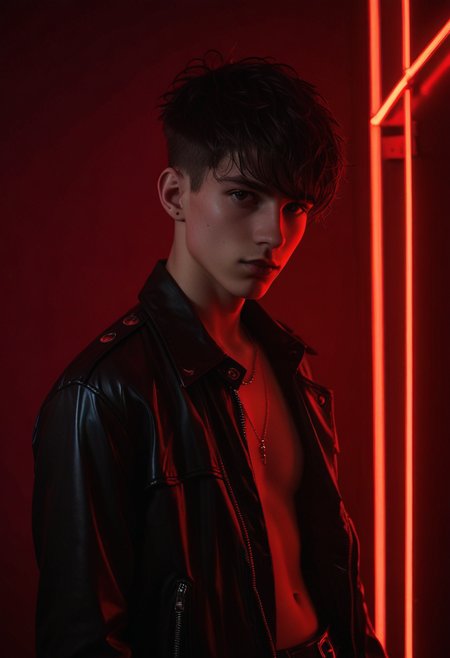 20yo goth twink in front of (Red Neon Light), dark environment, chiaroscuro, <lora:sdxl_lightning_8step_lora:1>