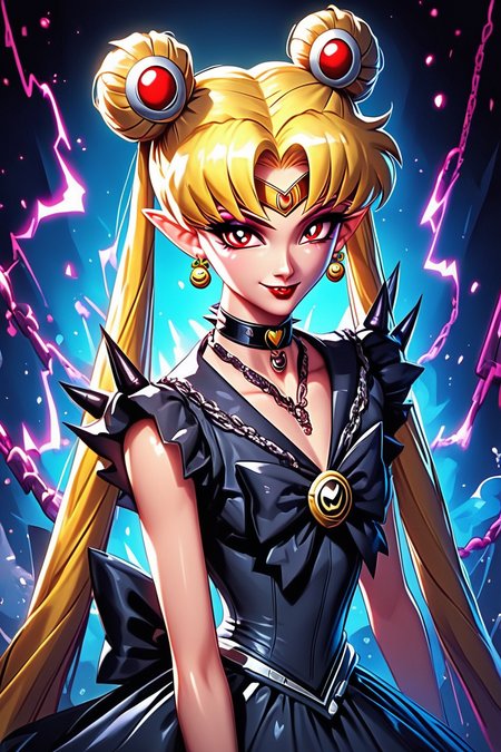 score_9, score_8_up, score_8, medium breasts, (curvy), cute, eyelashes,       BREAK, ,  ,,, <lora:CruelMoon_PDXL:0.8>, zzCruelMoon, long hair, twintails, tsukino usagi, blonde hair, jewelry, hair bun, double bun, sailor moon, very long hair, choker, chain, spikes, gothic, parted bangs, red eyes,  earrings, dress, makeup, holding, necklace, lipstick, black dress, pointy ears, night, ,,, , BREAK, embedding:zPDXL, Expressiveh, ,,, <lora:EnergyCAT:1.0>, solo, smile, looking at viewer, aura, blue sky, ,,, <lora:SDXLFaeTastic2400:0.5>, <lora:Expressive_H-000001:0.4>,