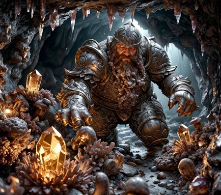 RAW photo, (masterpiece:1.3), subsurface scattering, heavy shadow, (high quality:1.4), (intricate, high detail:1.2), professional photography, HDR, High Dynamic Range, realistic, ultra realistic, photorealistic, high resolution, film photography, ambient lighting, atmospheric effects, <lora:detail_slider_v4:2>, OverallDetail, <lora:CrystalCaves:0.8>, cave, cryca, crystal, gem, mushrooms, nature, rock, scenery, a dwarven miner,  <lora:DwarvenArmor:0.8>, DwarAr