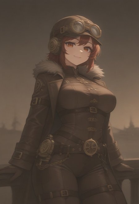masterpiece, best quality, medium breasts, (curvy),  ,,, steampunk pirate captain, brass goggles, weathered leather coat, mechanical parrot, airship in the background, intricate steampunk accessories, rugged and confident poseBREAK, 1girl, solo,  smile, looking at viewer, cowboy shot,   <lora:AfrobullIXL_v1:1.0>,