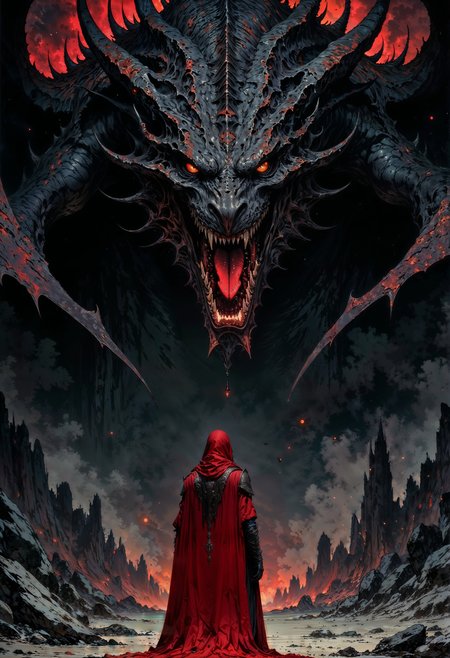 a dramatic scene with a large, menacing dragon and a lone figure. The dragon dominates the composition, with its massive, intricately detailed black scales and sharp, red-tinted spikes. Its eyes glow ominously, and its mouth is open, revealing sharp teeth and a fiery red glow emanating from within. The dragon's wings are partially spread, showcasing a gradient of black to red. The background is a misty, dark landscape, adding to the ominous atmosphere. In the foreground, a solitary figure stands facing the dragon, cloaked in a long, flowing red cape. The figure's features are obscured, adding mystery to their identity. The overall color palette is dark with striking red accents, enhancing the dramatic and fantastical nature of the scene.