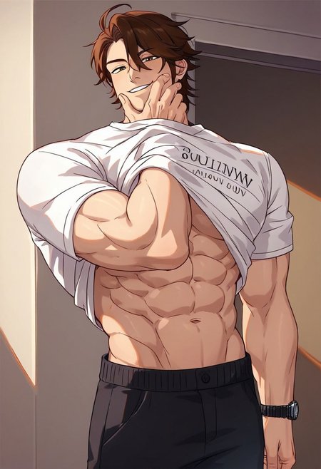 score_9, score_8_up, score_7_up, ((source_cartoon)), flat cartoon, solo, 1boy, sexy boy, white shirt, shirt, muscular male, very muscular, writing on shirt, brown hair, smirk, looking at viewer, shoes, male focus, watch, guiltychallengece, shirt lift, arm under shirt, own hand on face, from side, hud_gu1lty, abs, clothes lift, hand on own face, navel