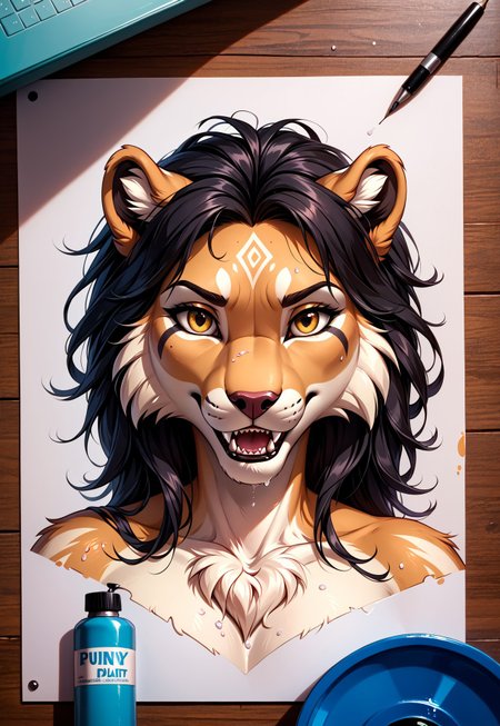 score_9, score_8_up, score_7_up, score_6_up, photorealistic, epiCPhotoGasm-colorfulPhoto, Realistic, highres, super high resolution, 8k, photo, furry, Furry, anthro, fur, The extreme macro photo captures a fearsome black lion's left eye, bathed in a dark and inky contrast. Its piercing pure gold eyes and sharp teeth are visible in the background. The lion's dark fur, matted and messy around the eye due to the spray paint, contrasts dramatically with the metallic gold markings that adorn its face, particularly around and over the eye, resembling scales or armor. The spray paint gives the markings a wet, messy appearance. The photo is highly detailed and intricate.
