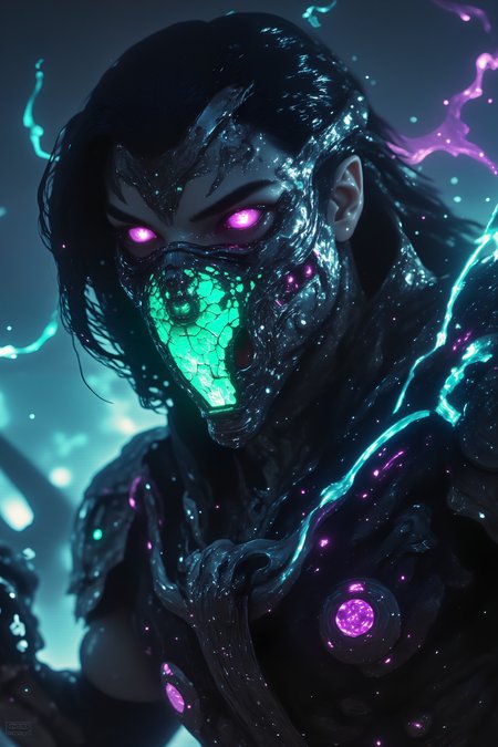 The close-up focuses on the manic face of a warrior with ashen gray skin and luminous blue tribal tattoos that pulse like neon circuits. His wild, shoulder-length hair, streaked with electric purple, flies in every direction, framing his angular jaw and wide, unblinking eyes. His cybernetic jawplate is cracked and sparking, revealing jagged, metallic teeth that seem built for ripping rather than speaking. A shattered visor dangles from his forehead, the flickering holographic interface casting glitchy green lights across his battle-scarred face. His chest armor, visible in the frame, is a crude fusion of glowing cybertech and dragon-scale plating, scarred and dented from countless battles. A faint mist of blood and oil lingers in the air, caught in the dim, flickering light of a smog-choked dystopian battlefield behind him. His glowing, cyber-enhanced arm is clenched into a fist, the circuitry visibly sparking as it overloads with raw energy. One of his eyes is swollen and bloodshot, while the other is a glowing, violet orb that tracks movement unnervingly fast. The madness in his expression is matched only by the faint, pulsating energy surrounding him, a mix of runic symbols and digital glitches that mark him as a force of chaos. , detailed background  Fantastic lighting. Detailed shadows.intricate details, vivid colors, hyper-detailed, ultra-sharp, High resolution, high detail. Highly detailed.hknuns,<lora:Fluxhknuns-000001:0.6><lora:wasted_films-000018:0.3><lora:GodsAndMayhemFlux:0.7><lora:apoclypse02-style-000019:0.7><lora:sss-snek-000001:0.6><lora:Hyperdetailed_Colored_Pencil:0.6>