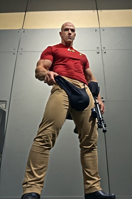 1boy, 20 year old male, Handsome, masculine, blonde, star trek, red shirt, muscle,  tall, tight shirt, wide pectorals, big shoulders, wide shoulders, muscular neck, German, standing at attention, bald, big pale blue eyes, abs, biceps, serious facial expression, phaser rifle, hand, long bulge in his pants, ((((view from below)))),
1960 black dress pants, pants,
stunf, star trek uniform, uss enterprise ncc-1701 interior background, star trek, space ship interior, 1960s TV,