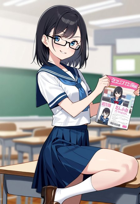masterpiece, best quality, depth_of_field, 
1girl,  18yo girl, 
young face, fit body, young body, 
small breasts, black hair, side-swept bangs, medium hair, show clavicle, 
blue eyes, rectangular glasses, 
school uniform(blue sailor uniform, short sleeves, blue skirt,)
 white panty, thick thigh,
white socks, brown leather shoes,
serious face, smirk,
magazine shoot, model pose,
classroom,
uncensored,