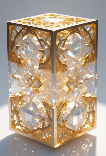 (masterpiece), best quality, Anime, (Floating Cube, (hand holding cube)), White Background, No Humans, Gold and White Theme, Gold Filigree, (Light Refraction), Symphtia-Style, Zyrnox-Exoterra Style