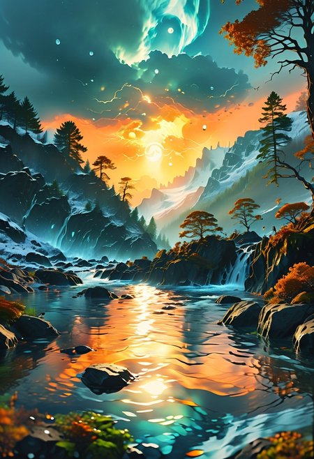 (ultra high res:1.4), (masterpiece), (beautiful lighting:1.4) ,Scottish  greenery, Scottish river, icy water water, forest,   Scottish Highlands, sunlight illuminates the icy water, (deep underwater), anime, half above water and half below water , (clear underwater), night sky, bright moon, lightning,  depth, GhostlyStyle
