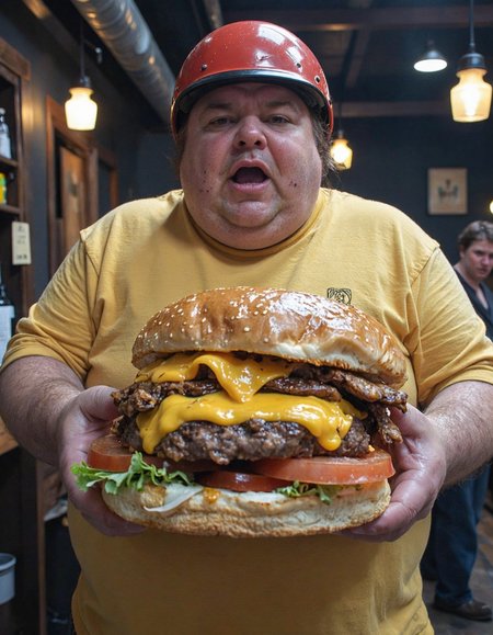 A photograph of an obese man  in a tavern holding a massive cheeseburger. The cheeseburger is larger than he is, it is absolutely gigantic. the man wears a yellow shirt and a red half-helmet, with a look of excitement as he grabs into this massive burger.