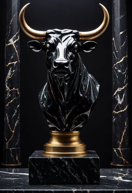 Fujifilm XT3, Sony A7 IV, (award winning photography) a (black: 0.79) marble simple (anthropomorphic bull) bust statue made of opal (Kintsugi: 0.89) set on a pedestal in temple, glistening. in the background beautiful pillars, divine (iridescent: 0.79), opalescent textures, volumetric light, ethereal, sparkling, studio photo, highly detailed, sharp focus (highest quality: 1.39) (highest coherency: 1.39) (award winning photography), highly detailed photography, (muted colors, cinematic, dim colors, soothing tones:1.2), vibrant, insanely detailed, hyperdetailed, (dark shot:1.2), (vsco:0.3), (intricate details:0.9), (hdr, hyperdetailed:1.2) (vignette), sss, raw photo, fijifilm, kodak, cinematic film grain, mesopotamian, babylonian