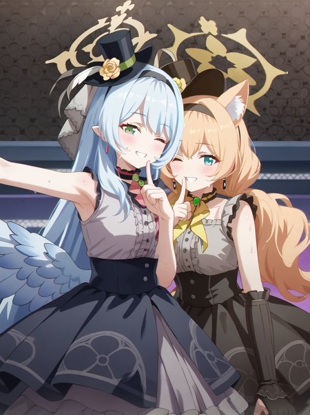 detailed background, shiny skin, posing,
<lora:antisera.pony:1>,
antisera, 2girls, mari, mine, 
sweat, sweat drops, dancing, seductive smile, finger to mouth, one eye closed,