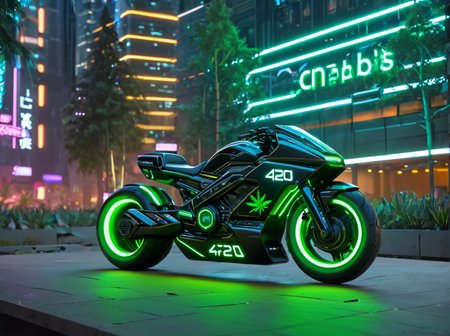 masterpiece,high quality,
420futurism,    <lora:420FuturismXL:0.8>
motorbike, no humans, ground vehicle, , motor vehicle, scenery, outdoors, building, vehicle focus, night, tree, "420" text,futuristic,cyberpunk.neon glow  on motorbike
