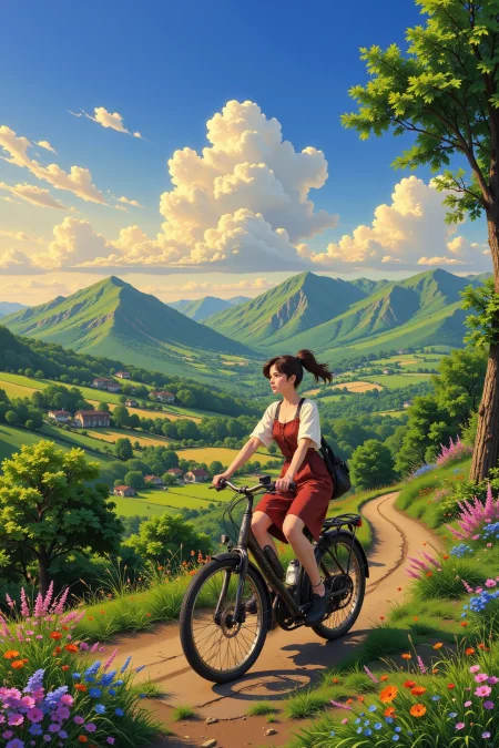 riding a bike beautiful  landscape, early morning, woman, very intricate, very detailed, sharp, bright, colorful, <lora:Hand v2:0.5> <lora:Anti-Blur:1><lora:Insane Detail Slider:0.25>  <lora:flux.1_lora_flyway_Epic-detail_v2:0.3> <lora:fluxenhancer:0.25> <lora:Anime_style:0.6> anime style