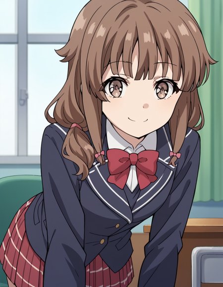 score_9, score_8_up, score_7_up, source_anime, <lora:kaede-azusagawa-s1-ponyxl-lora-nochekaiser:1>, kaede azusagawa, long hair, bangs, brown hair, brown eyes,, skirt, shirt, long sleeves, bow, school uniform, jacket, white shirt, pleated skirt, collared shirt, bowtie, red bow, black jacket, plaid, red skirt, plaid skirt, blazer, red bowtie,, indoors, bent over, smile, smug, looking at viewer, solo,, smile, looking at viewer, solo,, cowboy shot, dutch angle