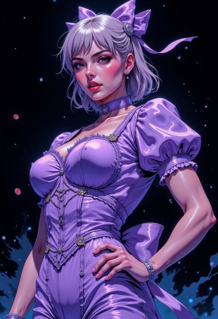DGC style digital illustration, Magic style,
Close-up. Cinematic close-up, beautiful female supermodel, (very muscular:1.2), Hirohiko Araki style, Jojo's Bizarre Adventure anime, tall, well-built, Jojo-style pose, (bright clothes), dynamic background, Bright and contrasting colors, side view,
A pastel lavender dress with a fitted square-neck bodice, decorated with small satin bows and lace trim. The sleeves are short and puffy, creating a cute and youthful look. The dress has a voluminous skirt supported by a crinoline, with layers of frills and lace that fall to the floor. The fabric shimmers with a subtle sheen, adding an air of luxury. A large silk bow adorns the back, and a matching satin ribbon around the neck completes this charming, sophisticated ensemble
Stylish, imposing in a confident, dominant pose, hand on hip, exuding confidence and strength. A menacing smirk on her face, with sharp eyes looking straight at the viewer. The overall look combines high fashion with dramatic style, against a dark, ominous background that highlights her dark charisma. , intense lighting that captures a sense of power and mystery.