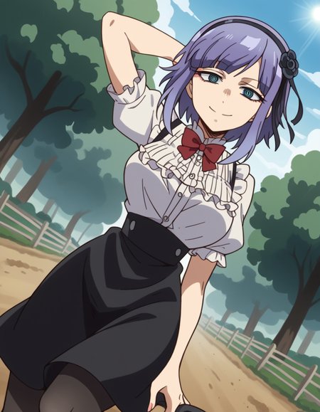 score_9, score_8_up, score_7_up, source_anime, <lora:hotaru-shidare-s2-ponyxl-lora-nochekaiser:1>, hotaru shidare, short hair, blue eyes, hair ornament, purple hair, flower, hairband, hair flower, ringed eyes, large breasts,, skirt, pantyhose, high heels, black pantyhose, high-waist skirt, shirt, frilled shirt, bowtie, red bowtie, puffy sleeves, short sleeves,, bike ride, countryside, dirt road, trees, afternoon sun, peaceful, alone, smile, looking at viewer, hand behind head, solo,, cowboy shot, dutch angle