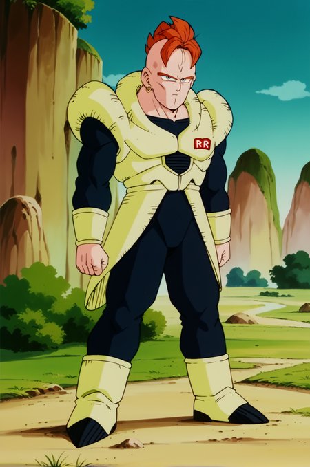 score_9,score_8_up,score_7_up, score_6_up, BREAK retro artstyle, android 16,1boy,solo,full body,mount paozu, blue sky, cloud, grass,thin mountain, cliff, bush,outdoors, orange hair,mohawk, light blue eyes, lime green armor, lime green arm guards,black bodysuit, expressionless,looking at viewer, closed mouth,red badge, rr,yellow earrings, lime green boots,fighting stance, legs apart, (from side:0.7),   <lora:MountPaozuPony:1>  <lora:Android16Pony:1.1>