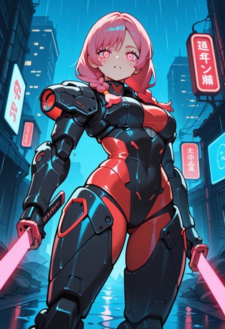 ghelber-bari, neon pink hair, long twin braids, cybernetic eyes, sharp gaze, armored bodysuit, high-tech exoskeleton, black and red bodysuit, glowing accents, intricate cyber armor, futuristic katana, energy blade, battle-ready pose, intense expression, rain-soaked city, neon lights, holographic billboards, cyberpunk aesthetic, cinematic lighting, wet streets reflecting neon glow