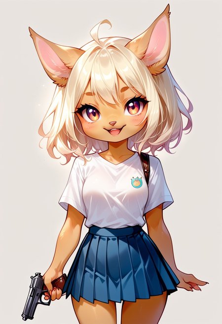 score_9, score_8_up, score_7_up, source_cartoon, solo, cute chibi necoarc, female, white shirt, pleated skirt, handgun, anthropomorphic, (cartoon art style:1.2)