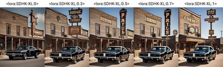 A 1970 model black dodge charger in front of a pub with a large sign in an 18th century cowboy town, while cowboys ride their horses in the town, cinematic, <lora:SDHK-XL:0>