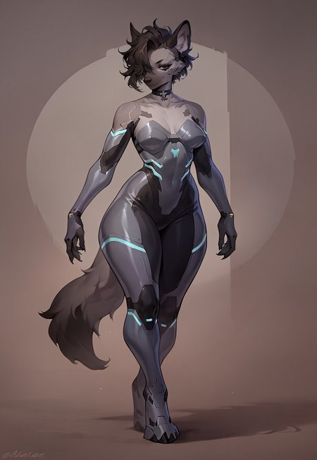 safe_pos, score_9, score_8_up, score_7_up, score_6_up, score_5_up, score_4_up,gray skin, , full body, solo, <, short hair, , black hair, animal ears, collarbone, tail, , 1girl, solo, standing full upright), hyena, , hair over one eye,  black hair s, wolf ears,  claws, furry female, body fur, grey fur, snout, black fur,, dark eyeshadow, choker, Expressiveh, ally <lora:add-detail-xl:1>, curvy, ((((future suit))),cyberpunk , sexy, ,(