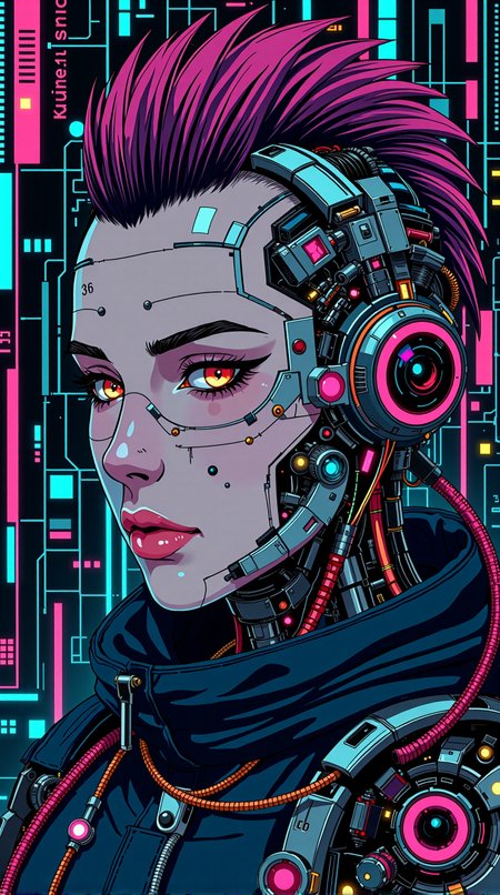 (((masterpiece))), ((ultra-detailed)), Abstract style, colorful and vibrant, mystical colors, emeraldmorph, portrait of an android,  detailled face,wearing futuristic clothing and mohawk, cybernetic implants, background futuristic city, motherboard circuits, liquid, fluid, sfw , touch of pink, optic fiber,
 <lora:Neurocore Cyberpunk v2:1>  <lora:Schnell v1:1>