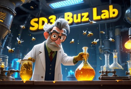 disney pixar 3d cartoon of a mad scientist in a futuristic laboratory holding a flask of honey as bees fly around him.  Above him is the yellow text "SD3 Buzz Lab"