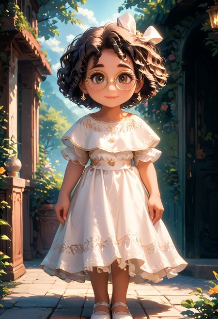 (masterpiece:1.5), 8k, best quality, ultra-detailed, (high res), cinematic lighting, beautiful lighting, high quality, studio quality, detailed, insanely detailed, extreme detail, refined detail, perfect detail, max detail, smooth lighting, detailed background, hyper detailed body, beautiful lighting, vibrant lighting, global illumination, absurdres, high-res, dynamic lighting, score_9, score_8_up, score_7_up, ponypositive, 1girl, solo, solo focus, (narrow waist, skinny, small body, slim), looking at viewer, (outdoors, floral garden), bright lighting, daylight, sunshine, cute, kawaii, gleaming eyes, big eyes, (closed mouth), happy, (standing), legs spread, alone, Expressiveh, ((¾ view)), (hands on the side of thighs), (rating_safe, sfw), YMirabel, (brown skin, chibi, short stature, hair bow, brown curly hair, brown sunshine eyes, glasses, white dress, white footwear, mary janes),  Expressiveh, adorable