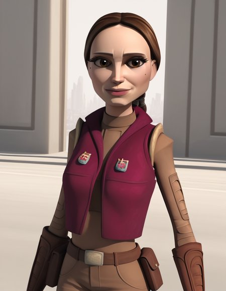 score_9, score_8_up, score_7_up, source_anime,
<lora:clonewars-padme-amidala-s3-ponyxl-lora-nochekaiser:1>, padme amidala, brown hair, brown eyes, realistic, mole, mole under eye, long hair, lips, 3d,
low-tied ponytail, braided ponytail, gloves, shirt, brown shirt, long sleeves, belt, pants, vest, pink vest, brown pants, open vest,
outdoors, smile,
looking at viewer, cowboy shot, dutch angle, solo,