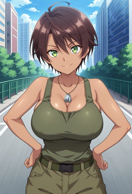 1girl, solo, anime screencap, anime coloring, masterpiece, best quality, amazing quality, perfect face, perfect eyes, green eyes, short hair, brown hair, breasts, big breasts, athletic body, light brown skin,
light brown skinned female, dog tags, tigh tank top, army pants, standing, hands on hips, angled hips, outdoors, city, Eira Kishida (character), 23 years old, aged down, upper body, face focus, smile