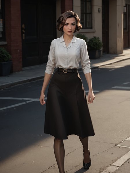 score_9, score_8_up, score_7_up,  score_6_up, BREAK, S4rahAngel0, 1girl, solo, short hair, brown hair, brown eyes, white shirt, pantyhose, belt, black skirt, pencil skirt, long skirt, black shoes  <lora:Sarah_Angelo:1>