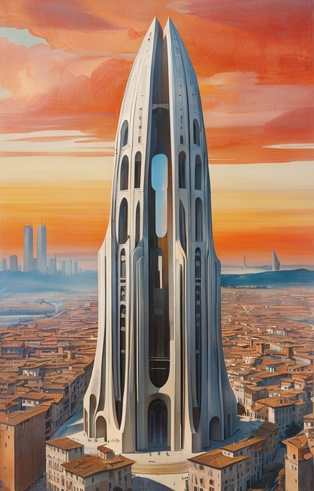 masterpiece,best quality,<lora:tbh302-sdxl:0.9>,illustration,designed by Filippo Brunelleschi Futuristic skyscraper with organic shapes, inspired by Zaha Hadid, gleaming under a sunset sky