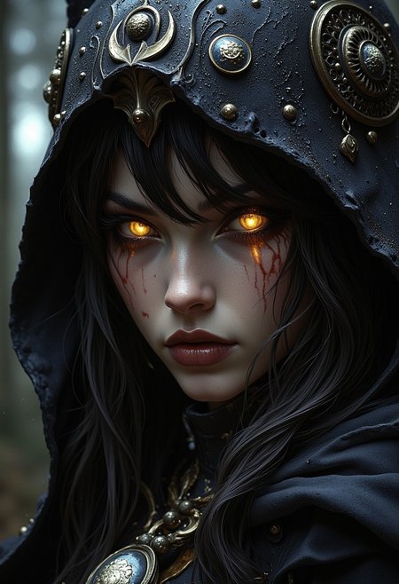 masterpiece, high detail, ArsMJStyle, dnddarkestfantasy, female knight, glowing eyes, ornate ancient helmet, long hair, bangs, closeup, BREAK, highest definition, HD32K, wallpaper, hyperdetailed, concept art