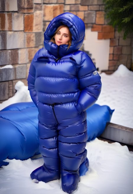 full body shot of one front cute, sweet woman, [person:0.75], radiating elegance and beauty. She is dressed in a mid blue ((hooded up ankle length very puffer strait closed coat)). The hood is fully closed, puffy down boots , puffy down gloves, closed flap of the hood, hood cover the mouth, ((High Yoked)). The lighting is mid, highlighting her features . Cinematic lighting, very cold, high resolution, winter fashion, realistic shading, , artstation, masterpiece. hd and high detailed clothing. down clothes by parkasite. sweetest, cutest.  (bokeh) <lora:Parkasite_v10:1.0> <lora:Segufix_V1_1:0.9>