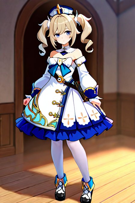 masterpiece, High quality, Ultra detailed, 2d, newest, absurdres, highres, BREAK
1girl, solo, <lora:barbara:0.8>, barbara_(genshin_impact), twintails, drills hair, blonde hair, white headwear, blue eyes, 
medium breasts, barbaradef, detached collar, bare shoulders, bow, frilled dress, strapless dress, white dress, strapless, long sleeves, detached sleeves, white pantyhose, boots, black footwear, 
full body, standing, looking at viewer,