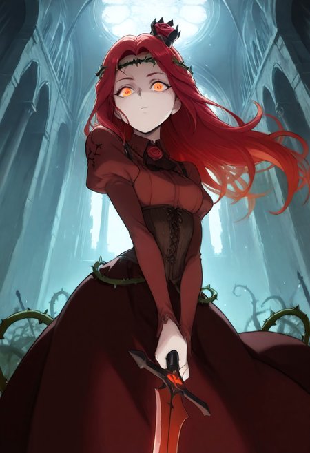masterpiece, best quality, very aesthetic, absurdres, 1girl, solo, stoic expression, brave perspective, holding sword up, red hair, long hair, glowing red-orange eyes, rust red dress, high collared burgundy shirt, long sleeves, rose patterns on puffy shoulder sleeves, collared dress, wide embroidered black lace collar with one large real red rose in the center, (black dead thorny circlet crown) of thorns on her head, corset with leather straps, thorny rose vines, detailed background, low-key, dark gothic castle interior, dynamic pose