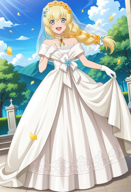 church, outdoor, flower petals, trees, clouds, day,
BREAK,
open smile, 
full body, dynamic angle,
BREAK,
<lora:coletteX2_illustriousXL_v07:0.9>
coletternd, blonde hair, blue eyes, long hair, choker, chest jewel, wedding dress, collarbone, single braid, hair flower, colettewed, long dress, bridal veil, white gloves, snow pattern,, source_anime, very aesthetic, anime coloring, masterpiece, 
best quality, amazing quality, ultra detailed, very aesthetic, 
detailed background, 
BREAK,