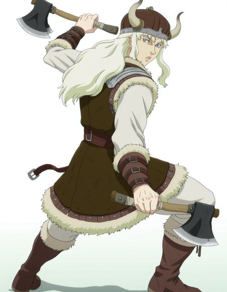 perfect composition, shadows, shading, full body, solo, <lora:Vinlandsagastyle-IL.V1.0:0.8> Vinlandsagastyle-IL.V1.0, <lora:anime_screencap-Illustrious:0.65> anime screencap, anime coloring, very aesthetic, absurdres, zPDXL, <lora:Pony_DetailV2.0:0.5> <lora:illustrious_quality_modifiers_masterpieces_v1:1>
<lora:gr1tt1h-000013:1> gr1tt1h, 1boy, blue eyes, long hair, white hair, Viking hat, horns, male focus, looking back, fierce expression, serious, defined lips, standing, posing, holding axe, dual wielding, battle stance, jumping, midair, 
slender, toned body, muscles, Viking, leather armor, straps, belt, pouches, fur trim, boots, 
white background, simple background,