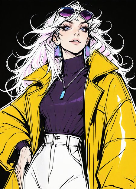 masterpiece, best quality, amazing quality, very aesthetic, high resolution, ultra-detailed, absurdres, newest, 1girl, while hair, long bang, messy hair style, shoulder-length hair, high fashion, confident, smug, blue eyes, pink lips, purple round sunglasses, sunglasses on head, eye liner, long eyelashes, purple lips, yellow coat, high-collar coat, necklace, purple knit turtle neck, white pants, 
BREAK pitch black background, upper body, hand on hip, soft light from offscreen, teal rim light, <lora:ponyv6_noobV1_2_adamW-000017:0.45> <lora:Elegence_Niji:0.85> <lora:Rough_around_Edges_r1-000019:0.75> <lora:Detailer_NoobAI_Incrs_v1:0.59> <lora:PRSNL-4:0.4>
