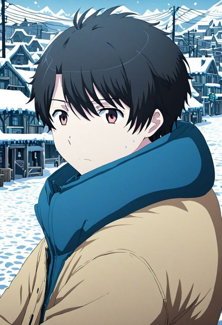 high resolution, solo, best quality, 1Boy, Inaho Kaizuka, Black Hair, chilling, snow town, winter jacket, OverallDetail