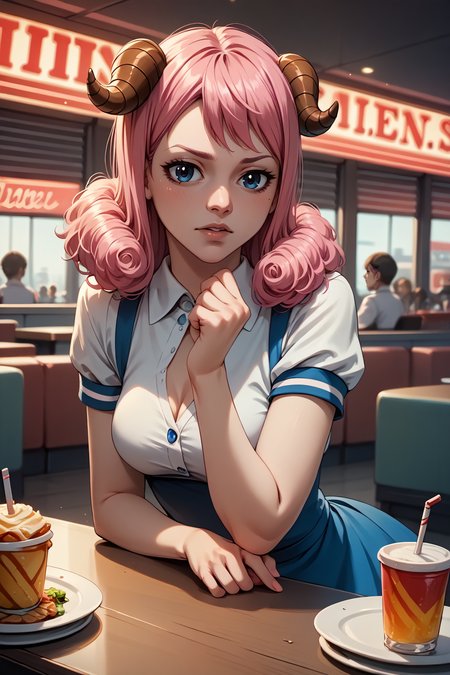score_9, score_8_up, score_7_up, score_6_up, 1girl, solo BREAK <lora:NSAriesFairyTail:1> NSAriesFaiTai, sheep horns, pink hair, medium hair, hair curls, diner, waitress uniform, hair ribbon, posing, blue skirt, twirling