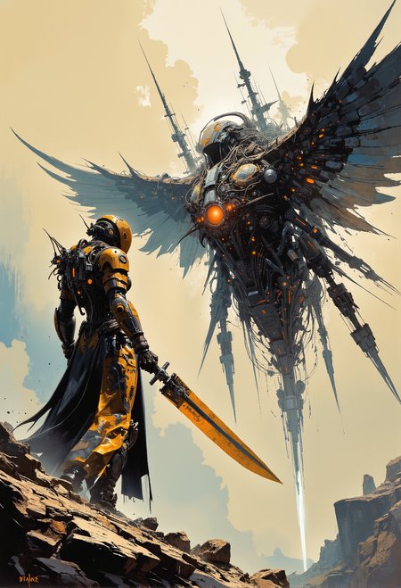 concept art . art by Zdzislaw Beksinski. standoff. sci-fi android with giant spectral blade versus giant mechanical monstrosity with wings. intense. spikes, wires. dutch angle. epic, glorification. action, scene.  <lora:artisketchyfs-v02.safetensors:0.75>, <lora:Elden_Ring_-_Yoshitaka_Amano.safetensors:1.0>,   <lora:CPA.safetensors:0.65>,  <lora:ARTifacts.safetensors:0.5>, <lora:Luminous_Shadowscape-000016.safetensors:0.1>,   <lora:Glitchcore_Flux.safetensors:0.4>,  . digital artwork, illustrative, painterly, matte painting, highly detailed