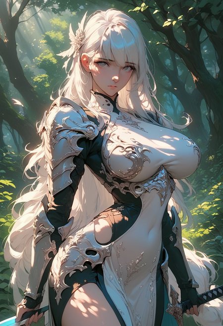 score_9, score_8_up, score_7_up, score_6_up, 1girl, beautiful, white hair, long hair, bangs, fair skin, big breasts, leather armor, sword, forest, dappled sunlight, looking at viewer,
zmzq