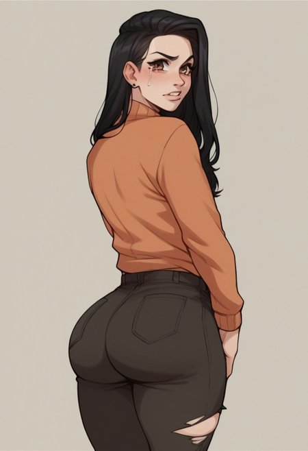 <lora:mrpotatoparty-guy-PONYv101:1>, score_9, score_8_up, score_7_up, score_6_up, score_5_up, score_4_up, haku, black hair, long hair, brown eyes, tearing pants, torn pants, scrathing ass, ass, fat ass, best quality.