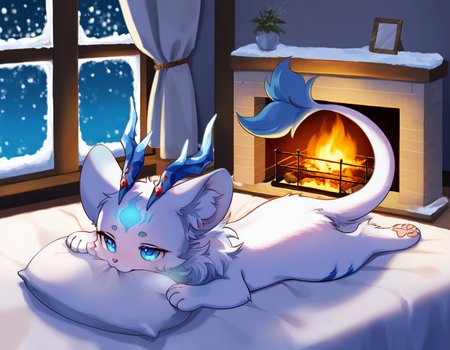 masterpiece:1.1, best quality:1.1, fantasy kinoko, <lora:N11_KinokoV2_22_1206:0.7>, solo,indoors, on bed,fireplace, snow, sandazaar