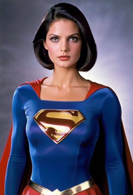 1980s Supergirl film costume, raven-haired Supergirl, facing forward, shiny voluminous smooth straight side-parting short bob haircut, dark-brown eyes, Supergirl film 1980s, ultra-realistic photo, Hyperdetailed photography, sharp focus