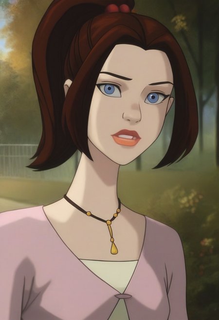 score_9, score_8_up, score_7_up, realistic photo of ktprd, 18-year-old 1girl, unique angle, unique framing, upper body,  face focus, (looking at viewer), parted lips, 1girl, brown hair, high ponytail, orange lips, blue eyes, cord necklace, pink one-button cardigan, cream t-shirt, by loish, masterpiece, lips parted, slim figure, petite, (outdoors, park, blurred background, shadowed background), side lighting, warm lights, uncensored,
