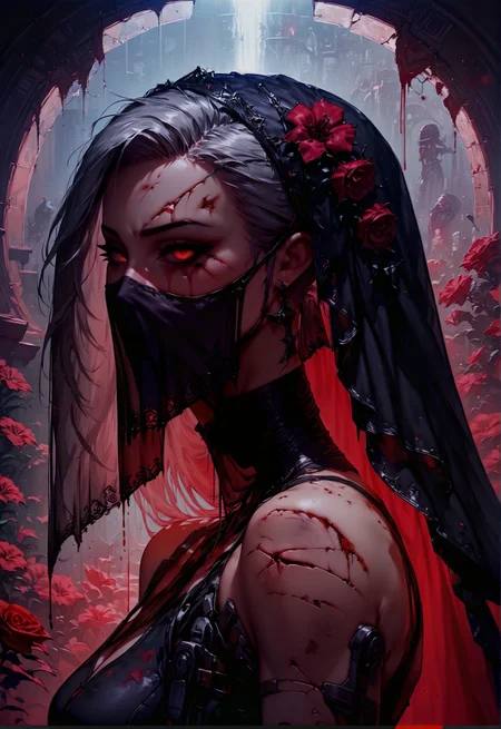 score_9, score_8_up, score_7_up,  1girl, side view, looking at viewer, (hips:1.2), techno suit, technology, uncommon appearance, (crashed spaceship, broken spaceship on the background), gray hair, half face covered, (robotic half face, half face cyborg, cyborg), injuries, blood, (face mask, broken mask, veil, broken glass), mystic, holding bloody knife, (black veil, face veil, final boss:1.2), red flowers  <lora:pony/twilight_style:0.8> concept art, realistic <lora:pony/expressiveh:0.4> expressiveh <lora:sdxl/princess_xl_v2:0.8> <lora:pony/vixon_gothic_neon_style:0.32> g0thicPXL, glowing, neon