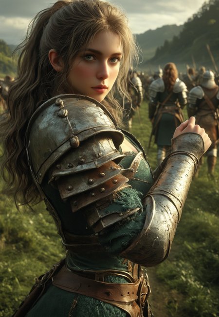 a woman warrior, clad in medieval armor, standing proudly amidst the lush green plains of a valley, under a brilliant blue sky with fluffy white cloud. ((big battleaxe in hands))
 (8k uhd:1,4)
(((full clothed)))
(((((upper body))))), dynamic pose
 <lora:Dynamic Poses:1>
 <lora:detailed_notrigger:1>
(((full clothed)))